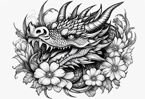 Dragon with sweet pea daisy flower tattoo idea