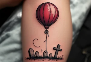 Tim Burton’s lost balloon floats above tombstones, deep maroon with stitched patches and a frayed black string. tattoo idea
