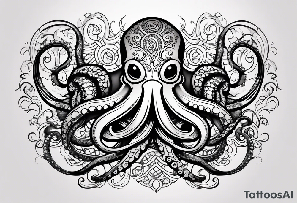 Tribal half sleeve octopus surrounded by ribbons of water waves filled with fish and a tribal sea turtle hidden in the lines of the head of the octopus tattoo idea