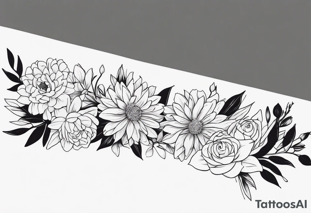 Asters, roses, lily, and chrysanthemums in a stretched line tattoo idea