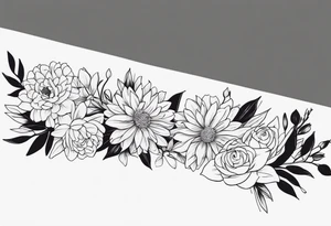 Asters, roses, lily, and chrysanthemums in a stretched line tattoo idea