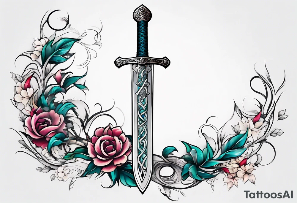 a sword with vines and flowers wrapped around it tattoo idea