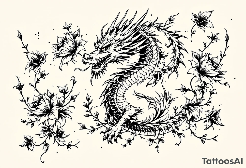 un dragon central entouré de fleurs de lys tattoo idea