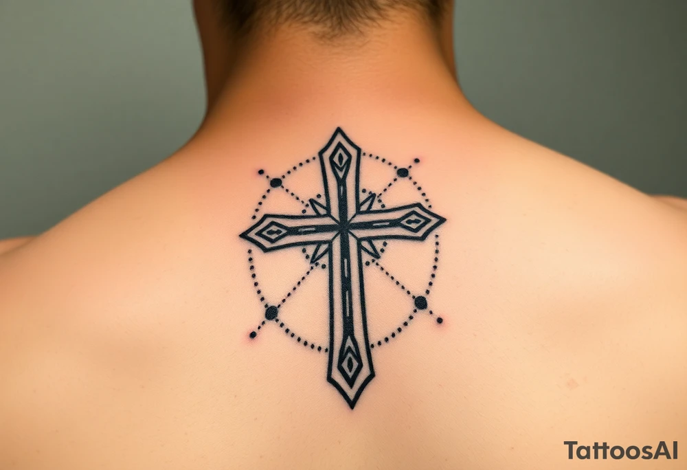 Christian cross surrounded by geometric shapes tattoo idea