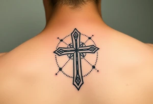 Christian cross surrounded by geometric shapes tattoo idea