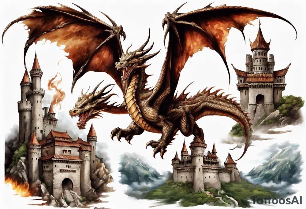 3 fierce dragons flying around the highest part of the castle, defending it from a village with angry people, angry villagers around the castle, realistic tattoo idea