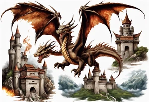 3 fierce dragons flying around the highest part of the castle, defending it from a village with angry people, angry villagers around the castle, realistic tattoo idea