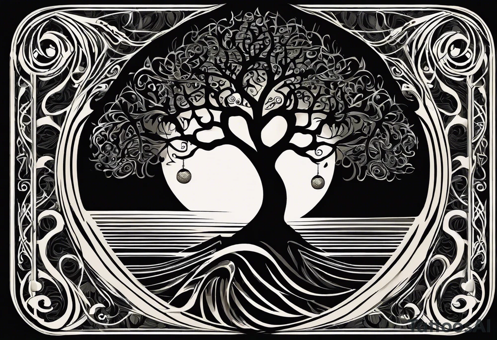 A tattoo design that incorporates the following elements: an abstract tree of life that has roots emerging  from the ground. Waves of water encapsulate the tree and wind around it in an organic way.  Incorporate music.   the letters U and A are overlapping and engraved into the tree. a golf ball incorporated but not prominent. tattoo idea
