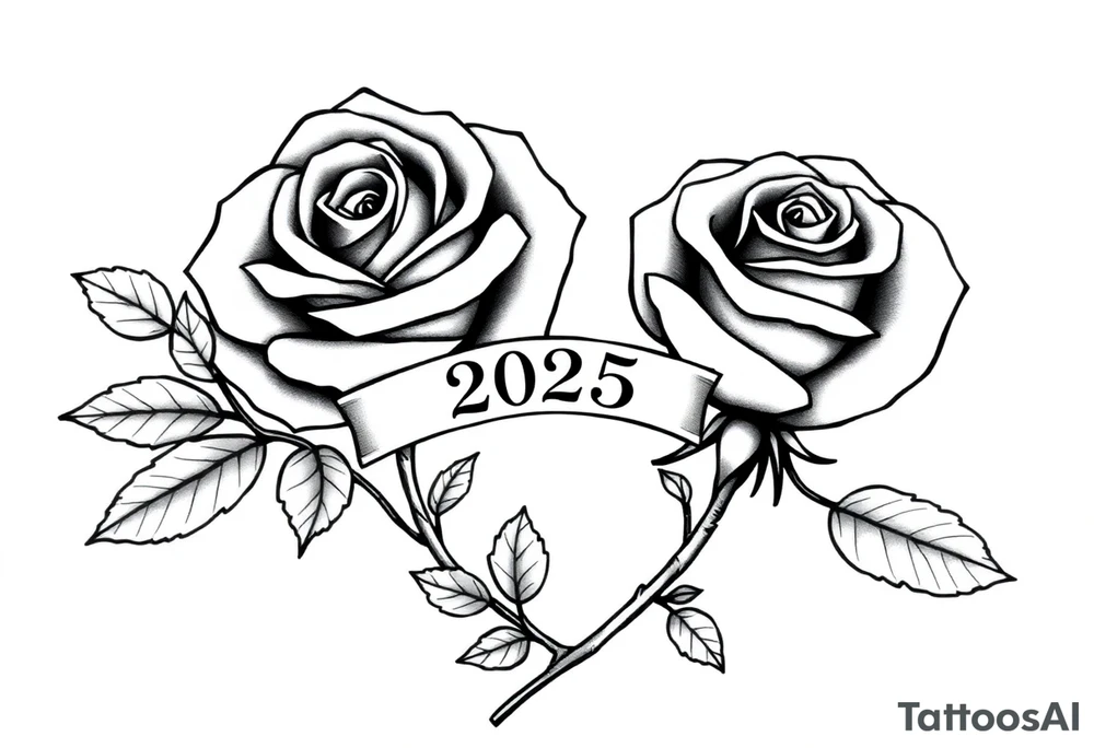 two beautiful large rose buds, one larger than the other, with many leaves next to the rose buds, with one sitting higher than the other. Include a banner connecting the two roses with the year "2025" on it.   Use dark outlines with little shading. The two stems should be short, not long, and connect and join into one stem, whimsically curved or twisted - not straight down. tattoo idea