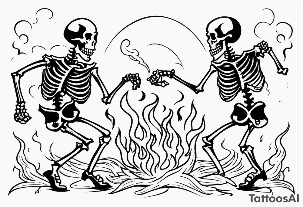 two western skeletons dancing in a burning room tattoo idea