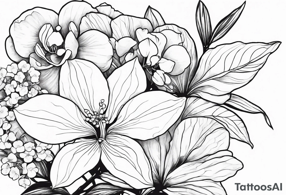 birth flower bouquet with orchid and hydrangeas showing stems tattoo idea