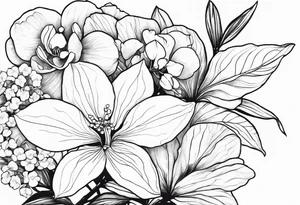 birth flower bouquet with orchid and hydrangeas showing stems tattoo idea