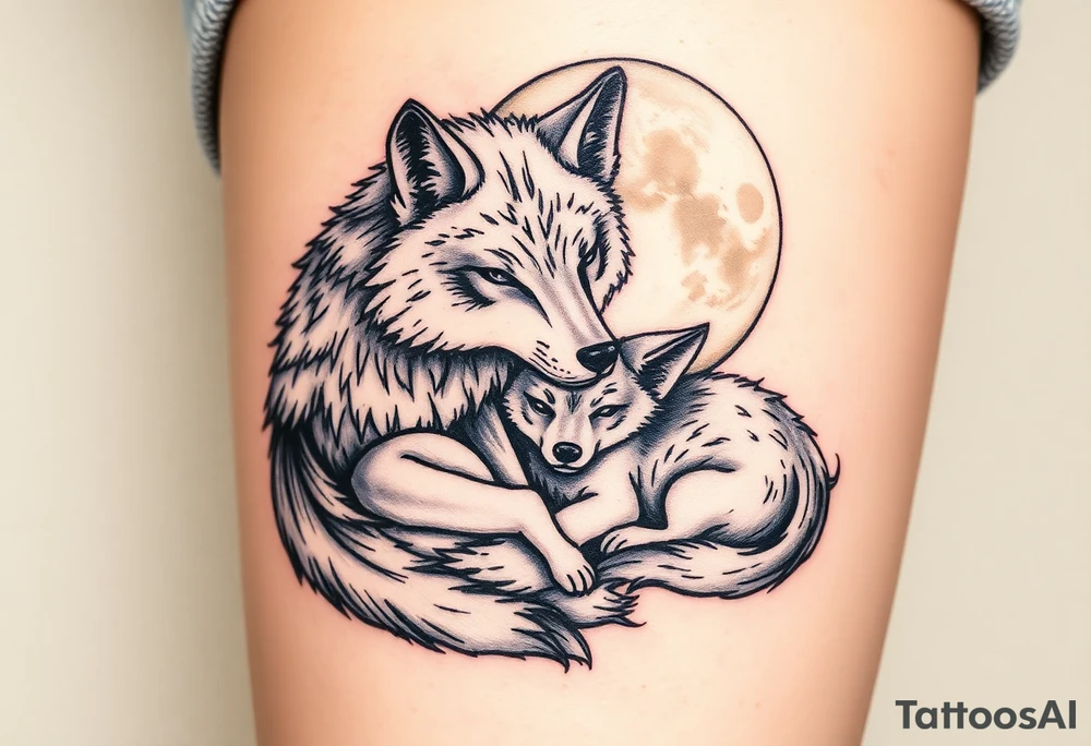 A mother wolf and her pup snuggled together, with soft gray and white fur details and a glowing full moon in the background, symbolizing fierce protection and guidance tattoo idea