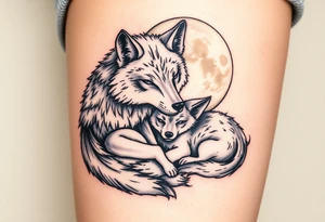 A mother wolf and her pup snuggled together, with soft gray and white fur details and a glowing full moon in the background, symbolizing fierce protection and guidance tattoo idea