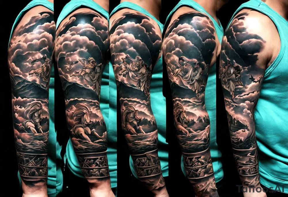 Im a businessman and I had a very long and hard time, chasing my dreams, not giving up, hard work, dedication, focus, heart broken, recovered, pushing hard, got broke and gained again. I like greek gods and I want a full sleeve tattoo exactly telling me the story of my life tattoo idea