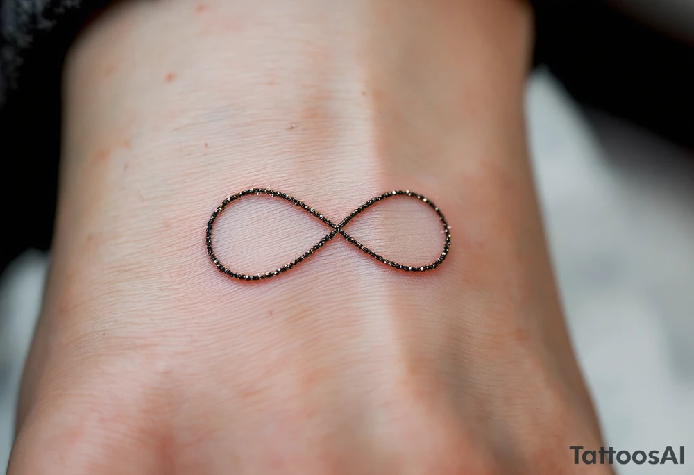 A thin, minimalist infinity outline in black gold, with tiny white sparkles accenting the curves. tattoo idea