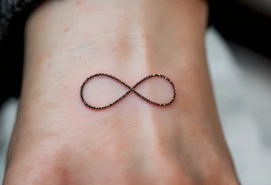 A thin, minimalist infinity outline in black gold, with tiny white sparkles accenting the curves. tattoo idea