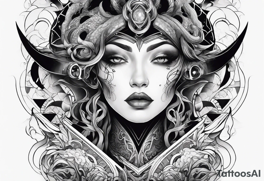 Lovecraftian creature, flowing into more futuristic technology elements. Half sleeve on arm. tattoo idea