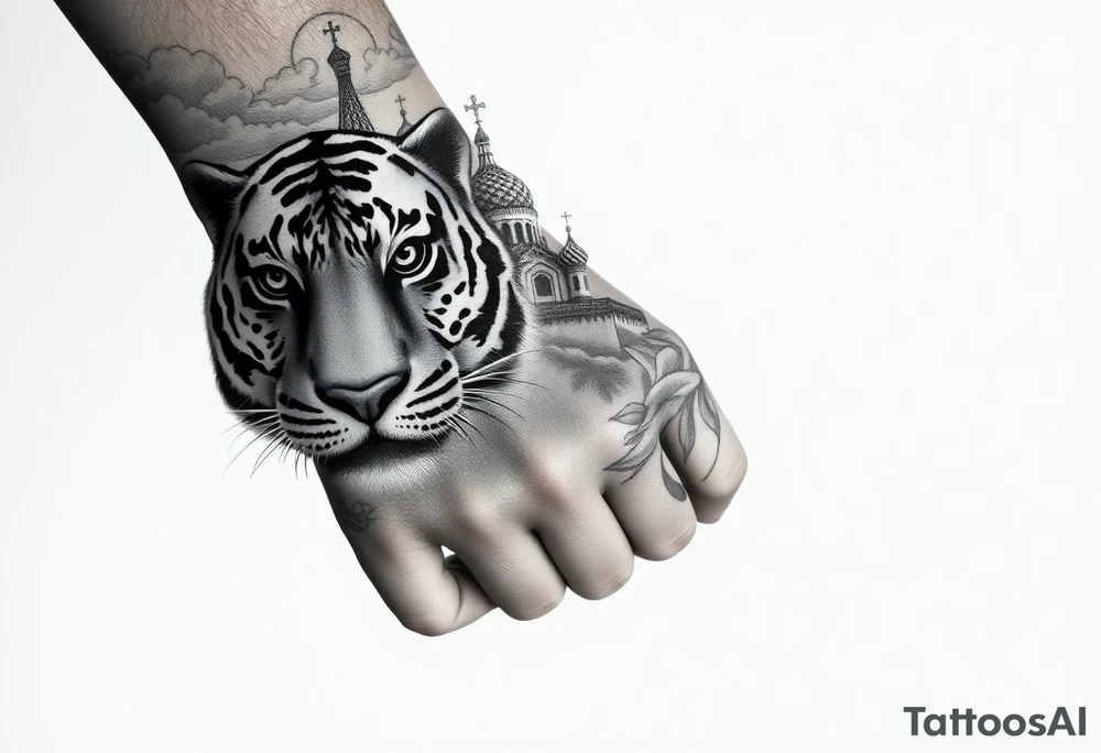Realistic tiger face on the back of the hand with strong contrast and fine detail with all black eyes. then a highly detailed Russian Orthodox cathedral sitting above on the top fore arm with onion domes and orthodox crosses, done in fine line, engraving-like style. Cohesive composition, black ink only, no color, high contrast, slightly aged, documentary-style, plain light background. with clouds above and a virgin mary tattoo idea