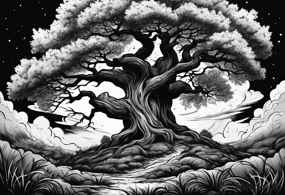 enormous old tree standing in the middle of a field engulfed in flames tattoo idea