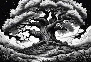 enormous old tree standing in the middle of a field engulfed in flames tattoo idea