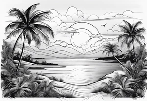 fine line beach landscape on upper arm with palm trees tattoo idea
