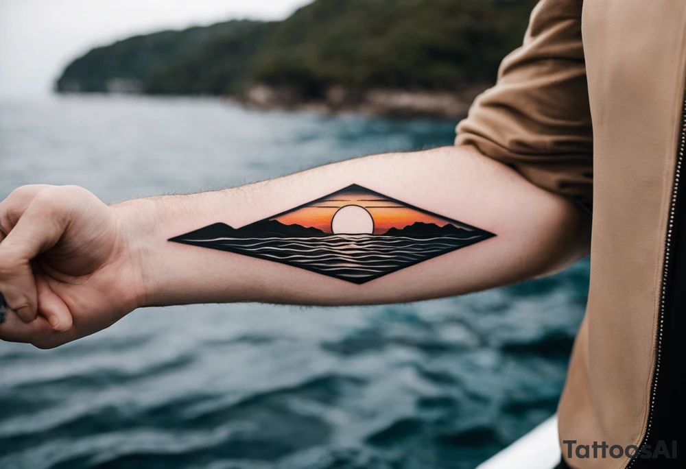 Minimalistic, black and white tattoo on male forearm. From the perspective of being on the ocean, the water is calm, with no waves in sight, the sun is setting behind the ocean, reflecting light onto the water. The tattoo in the shape of a rectangle, 4 inches wide by 2 inches tall. tattoo idea