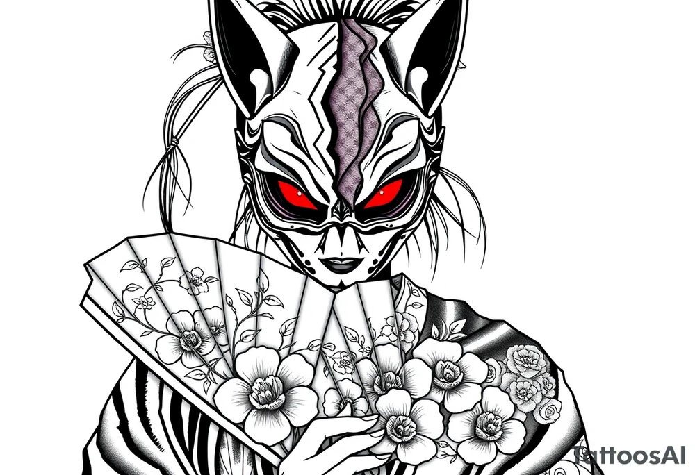 Woman samurai with red eyes wearing an half and broken kitsune mask, holding a japanese fan with belamcada flowers tattoo idea