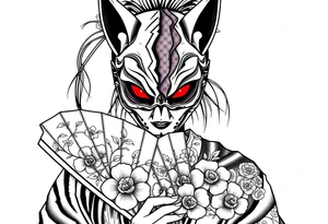 Woman samurai with red eyes wearing an half and broken kitsune mask, holding a japanese fan with belamcada flowers tattoo idea