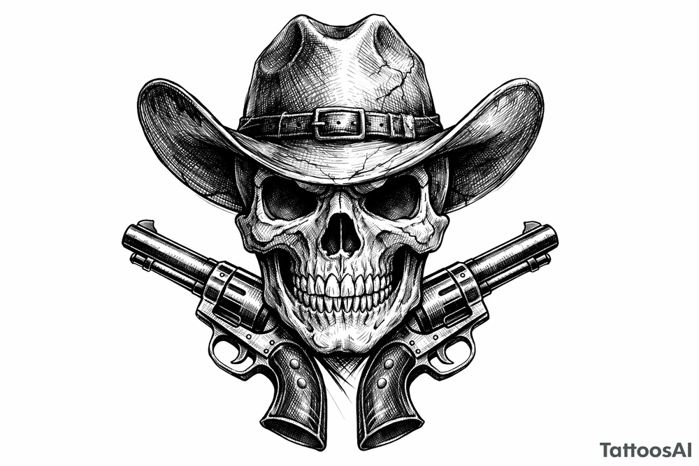 Engraved skull with a cowboy hat, pistols framing its jawline. tattoo idea