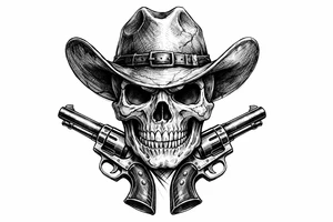 Engraved skull with a cowboy hat, pistols framing its jawline. tattoo idea