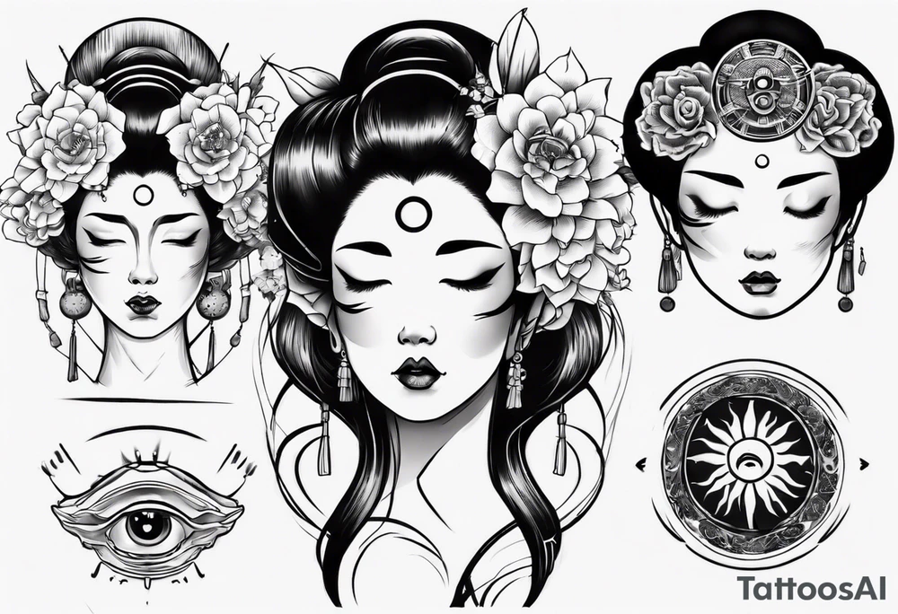 geisha face with two eyes closed and third eye open tattoo idea