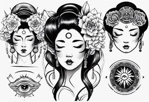 geisha face with two eyes closed and third eye open tattoo idea