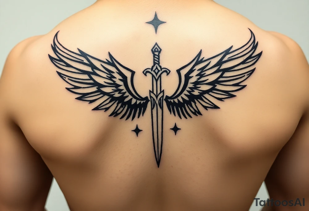 Wings wrapping around surrounding a sword and diamond shaped stars tattoo idea