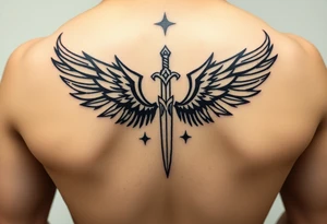 Wings wrapping around surrounding a sword and diamond shaped stars tattoo idea