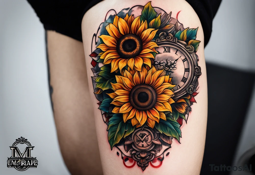 Sleeve with Roman numeral and sunflowers tattoo idea