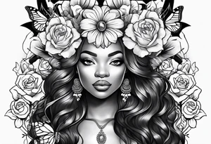 Black women body with a lion, flowers and butterflies tattoo idea