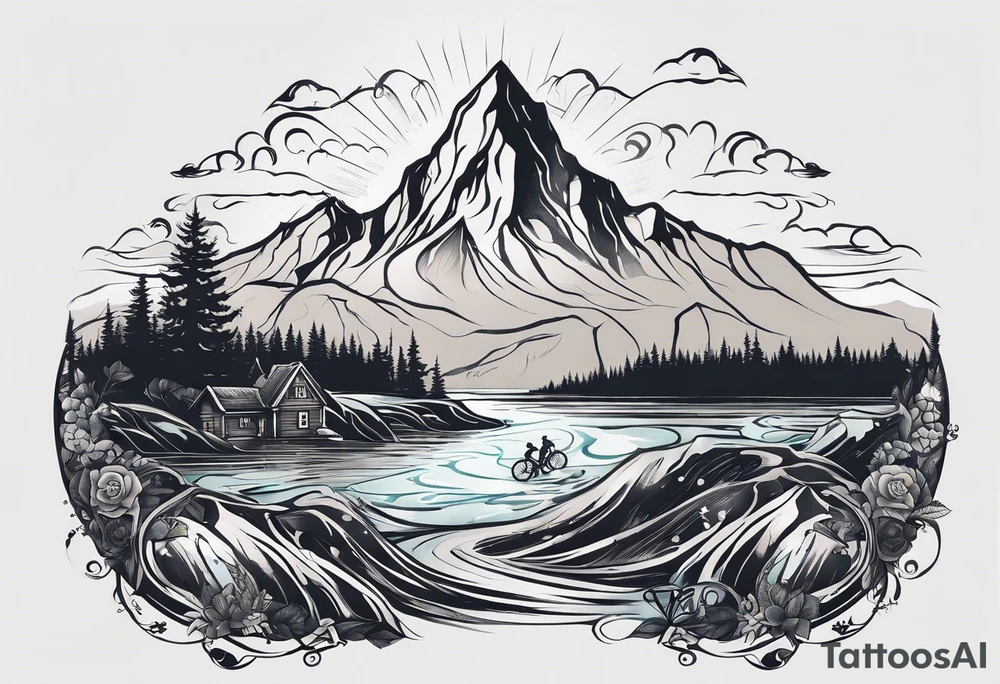 This is a tattoo that is split into 2 sections; a top half and a bottom half. The top half is a mountain in Norway with a mountain bike trail winding down the mountain. The bottom half of the tattoo depicts an underwater scene featuring water, and sea life. tattoo idea