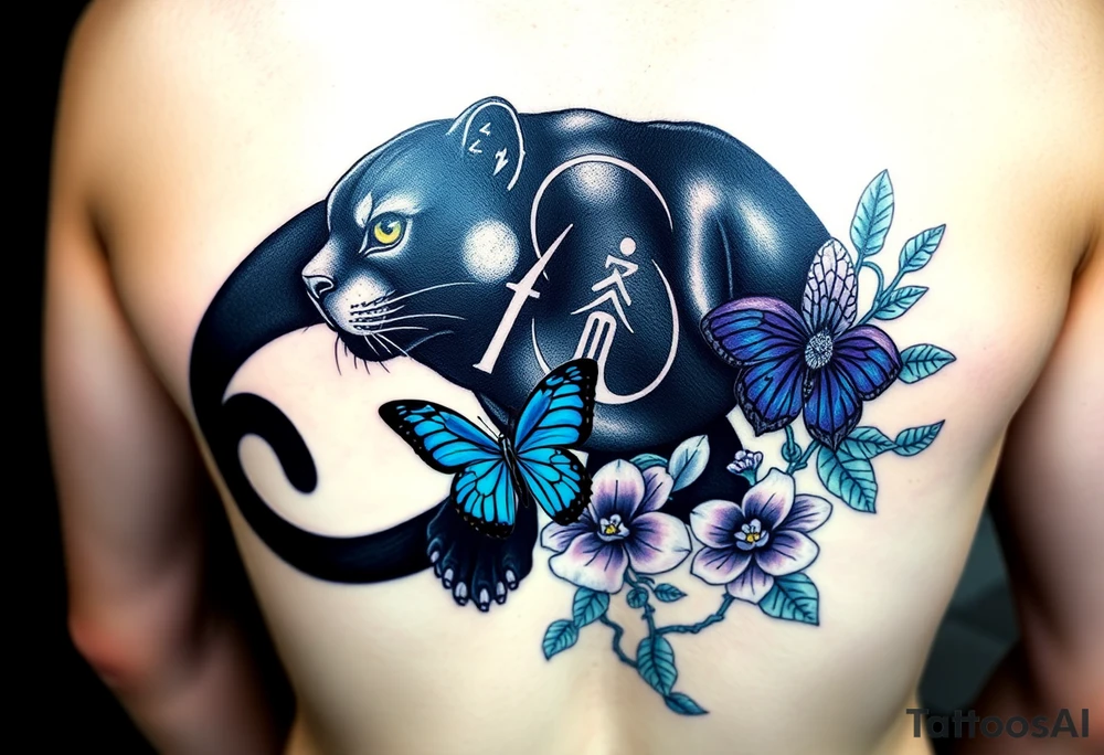 "Realistic black panther curved along ribs, Gemini constellation in eyes, monstera leaves on chest, blue morpho butterfly on orchid near collarbone, jungle vines wrapping legs – color palette: emerald, indigo, turquoise, plum – 10x7 inches" tattoo idea
