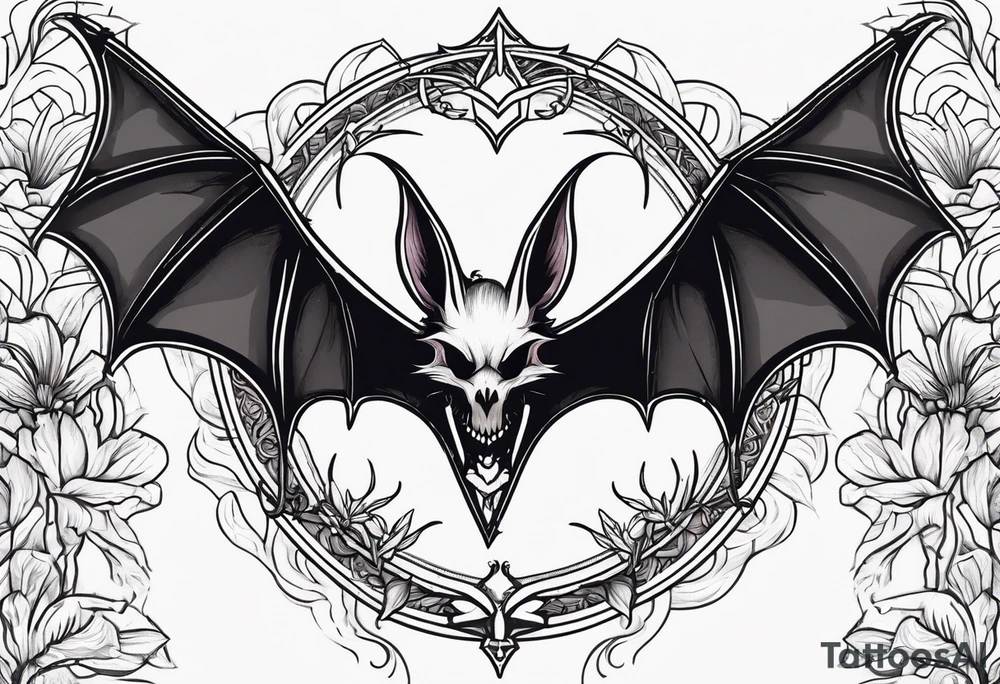 Evil bat holding a lycoris radiata, skeleton hands making heart shape around the bat, lycoris radiata accents surrounding the outside tattoo idea