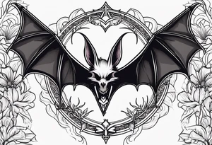 Evil bat holding a lycoris radiata, skeleton hands making heart shape around the bat, lycoris radiata accents surrounding the outside tattoo idea