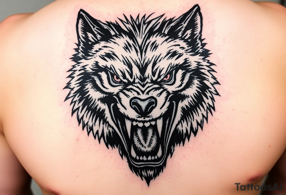 Close-up portrait of a snarling werewolf, sharp teeth bared, glowing eyes. tattoo idea