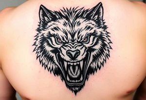 Close-up portrait of a snarling werewolf, sharp teeth bared, glowing eyes. tattoo idea