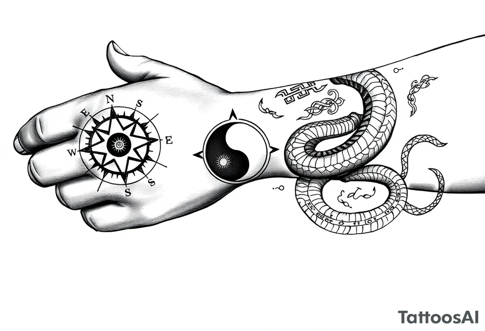 Blackwork tattoo from hand to elbow in a tribal, spiritual style. Vegvisir compass on the hand, carved in rough rune style, inside a radiant Thai sun disc. Each finger has a minimal rune: Tiwaz, Eiwaz, Algiz, Sowilo, Ansuz. A coiling serpent or dragon wraps the forearm — Japanese flow with a Viking beast head. Inside the coil is a Yin-Yang with a broken runic circle, tiny sun and moon inside. Vertical script on the inner forearm: either Bushidō (武士道) or Old Norse runes. Background includes Nordic knotwork, Thai swirls, Japanese waves. Hidden details: crossed swords, faint Hannya mask, sak yant diamonds. Bold black ink with rough, carved texture. tattoo idea