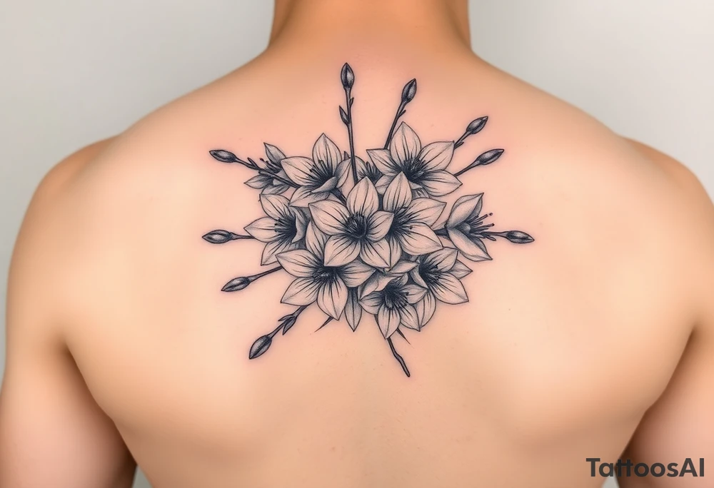 Bouquet of cherry blossoms and daffodils tattoo idea