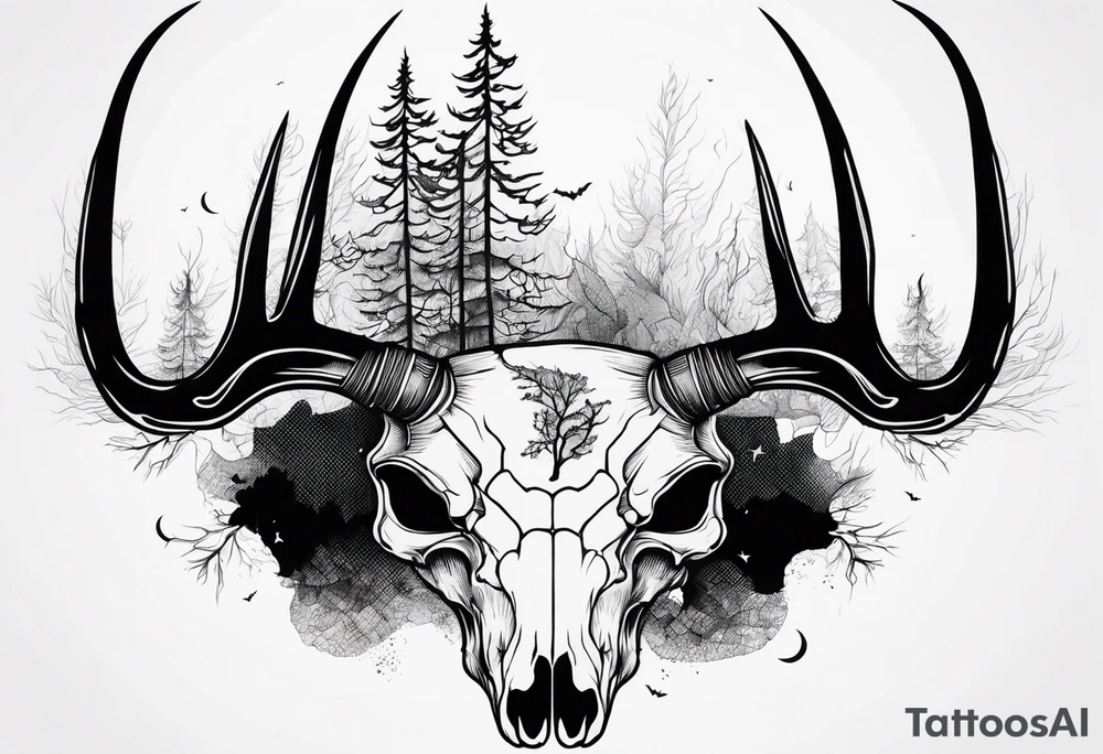 Halloween side view of a DECAYING deer skull JUST BONE surrounded by a forest fire in background tattoo idea