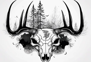 Halloween side view of a DECAYING deer skull JUST BONE surrounded by a forest fire in background tattoo idea