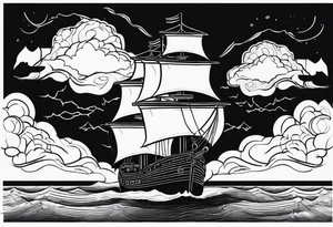 storm clouds with lightning surrounding a ship tattoo idea