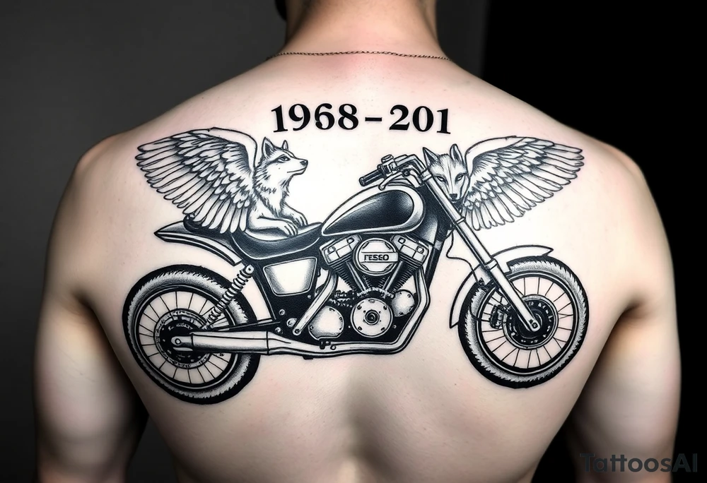 the year 1958 - 2021 with a motorcycle on it with guardian angel wolves tattoo idea