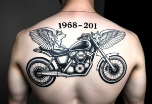 the year 1958 - 2021 with a motorcycle on it with guardian angel wolves tattoo idea